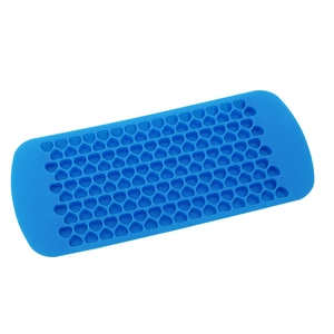 Close-up of 150-cavity blue silicone mold featuring small heart-shaped compartments