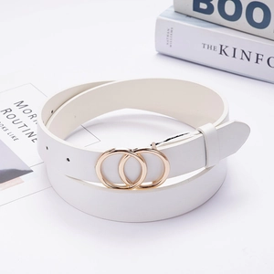 Chic white leather belt with a golden double ring buckle on stylish background