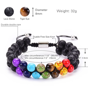 Adjustable double layer lava stone and tiger eye beads bracelet with 8mm stones