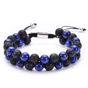 Double-layer braided bracelet with blue lapis lazuli and black lava stone beads