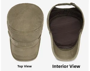 Détail d'une casquette militaire en toile lavée montrant le dessus et la doublure
