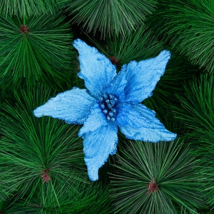 Blue glitter artificial poinsettia flower on pine branch for Christmas tree decor