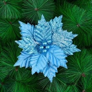 Artificial Christmas Poinsettia Flowers Blue Glitter Sequin Cloth For Christmas Tree Wreath DIY Holiday Decoration Ornaments