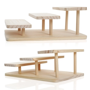 Three-tier solid wood tiered display stand for glasses and accessories from two angles