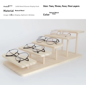 Detail showing the 4-tier solid wood glasses display stand with natural grain texture