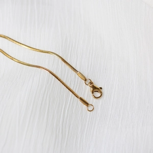 Detailed macro shot of a golden snake chain necklace with a secure lobster clasp