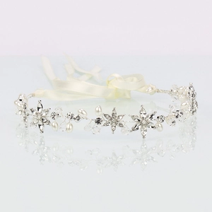 Handmade bridal headband with crystal flowers, white pearls and ivory ribbons