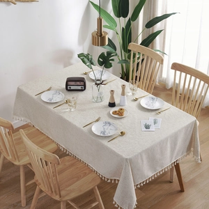 Nordic minimalist beige linen rectangular tablecloth with elegant fringe tassels for dining table