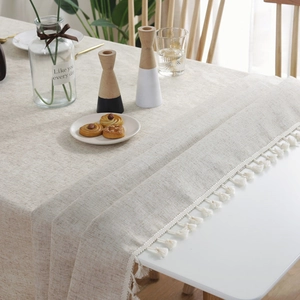 Nordic minimalist solid color linen tablecloth with white decorative fringe tassels