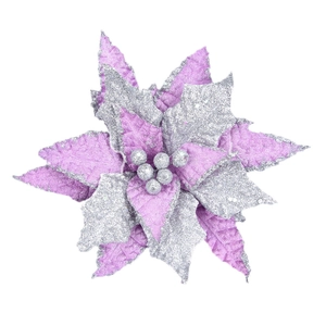 Künstliche lila Weihnachtssternblume mit silbernem Glitzerrand und Perlenstaub