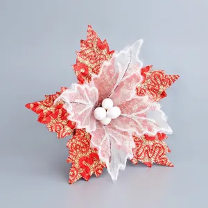 Artificial Christmas Poinsettia Flower Red White Glitter Mesh Fabric Xmas Tree Hanging Ornament Festive Decoration