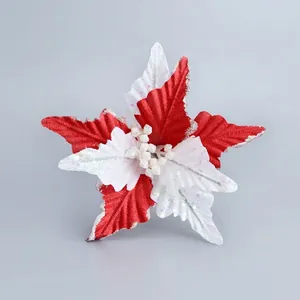 Red and white glitter Christmas flower ornament for tree decoration with mesh fabric petals