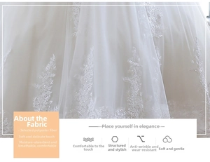 Detailed close-up of intricate white floral lace and embroidery on a wedding dress
