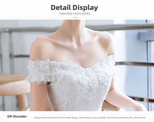 Detail of elegant off-the-shoulder lace embroidery with sequins on bridal wedding gown