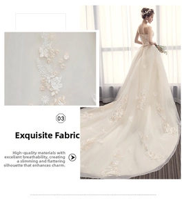Exquisite floral lace embroidery details on champagne tulle of the bridal wedding gown