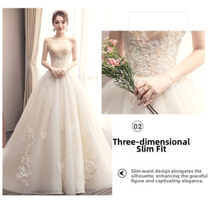 Detail of floral embroidery and 3D butterfly appliqués on champagne bridal gown