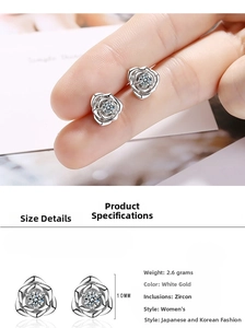 Detail shot of 10mm silver rose earrings with cubic zirconia and size specifications