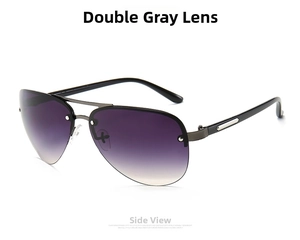 Side view of gunmetal aviator sunglasses featuring purple gradient lenses and metal accents