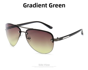 Side view of rimless aviator sunglasses with gradient green lenses and metal bridge