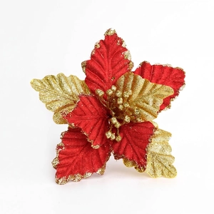 Artificial red and gold Christmas poinsettia flower with glitter for holiday DIY decor