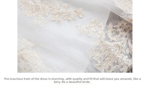 Close-up of white bridal gown featuring intricate gold lace embroidery on tulle fabric