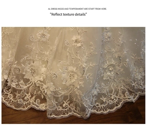 Detail of white bridal lace with 3D floral embroidery and sequins on wedding dress