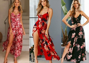 Detailed split view of floral maxi dress showing high slit design and slim fit silhouette
