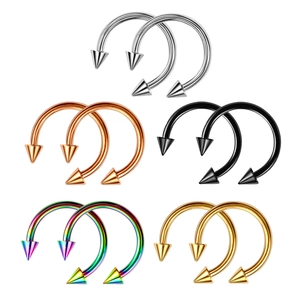 Set of stainless steel horseshoe rings with cone ends in five assorted metallic finishes