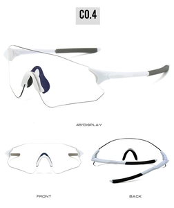Detailed three-view of cycling glasses with white frames and clear lenses from multiple angles