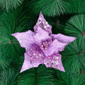Artificial Christmas Flowers Purple Glitter Poinsettia Decorations For Tree Wedding Party Festive Ornament
