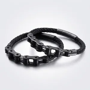 Men Braided Leather Bracelet With Stainless Steel Bicycle Chain Link Magnetic Clasp Industrial Punk Style