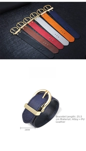 Detailed view of 2.8cm wide PU leather bracelets with gold D-buckles in multiple colors