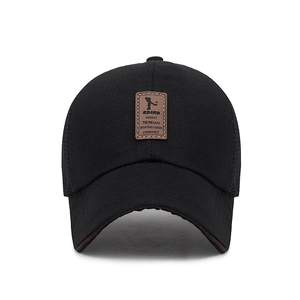 Men's summer breathable black mesh baseball cap featuring a premium leather patch logo