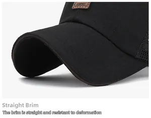 Detailed close-up of a black mesh cap showing durable brim with double-stitched leather patch
