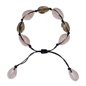 Detail of adjustable black woven cord choker with natural white and gold alloy seashells