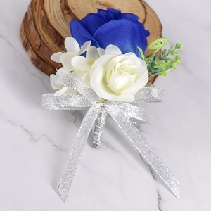 Royal Blue Kunstmatige Roos Boutonniere En Pols Corsage Satijnn Bloem Lint Handgemaakte Accessoires Voor Bruiloft Feest Decor