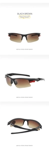 Detail view of sport sunglasses with black frame and brown gradient lenses from three angles