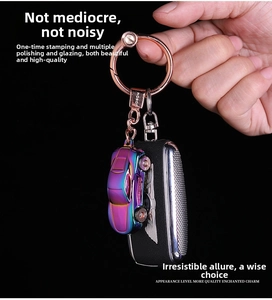 Detailed macro view of creative car keychain with iridescent gradient finish and LED light