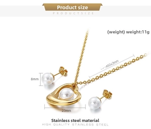 Detail of gold-plated stainless steel heart shell pearl necklace and stud earrings set