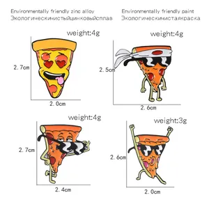 Size chart showing dimensions and weight for four cartoon pizza enamel brooch pins