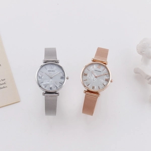 Women's quartz watches with marble dial and Milanese mesh band in silver and rose gold