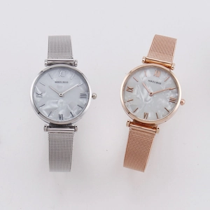 Elegant women's quartz watches with marble dials and milanese mesh bands in silver and rose gold