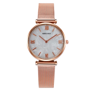 Women's rose gold mesh band watch with white marble dial and Roman numeral markers