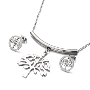Silver Tree of Life jewelry set featuring a necklace and stud earrings on white backdrop