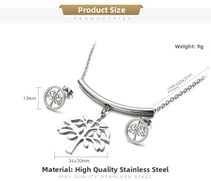 Detailed size specifications for Tree of Life stainless steel necklace and earring set