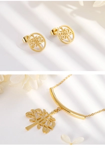 Detail view of golden Tree of Life jewelry set including round earrings and a necklace
