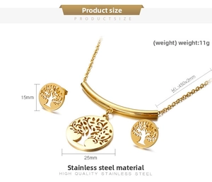 Detailed size parameters for golden stainless steel tree of life necklace and earring set