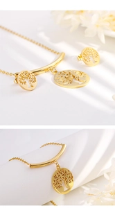 Close-up detail of golden Tree of Life pendant with matching stud earrings jewelry set