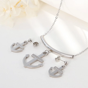 Silver nautical anchor jewelry set featuring zircon earrings and elegant pendant necklace