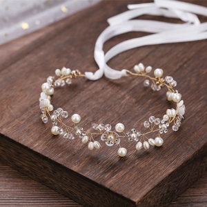 Handmade bridal headband with white flowers pearls and crystals on gold wire with ribbon
